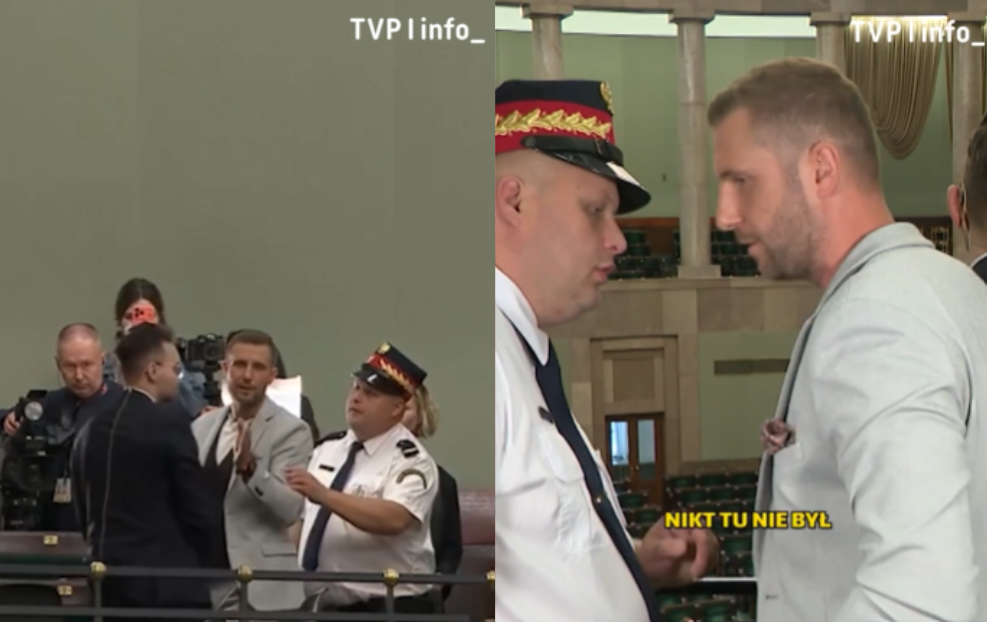 Miłosz Kłeczek wepchnął się w wywiad TVP w Sejmie. Wyprowadziła go Straż Marszałkowska Zdjęcie główne wpisu