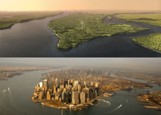 16. Manhattan, New York w 1609 vs. Manhattan obecnie