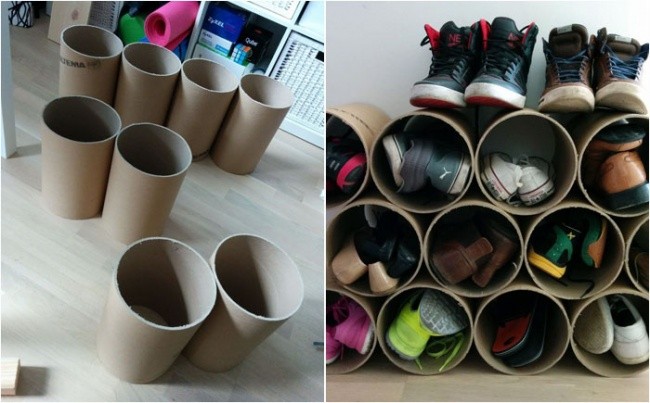 12 Organizer na buty wykonany z kartonowych rurek.