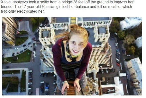 2 Xenia Ignatieva  Rosjanka chciała zaimponować znajomym, wspięła się na 10-metrowy budynek, by zrobić sobie na nim selfie. Na chwilę straciła równowagę i spadła na kable znajdujące się pod wysokim napięciem.
