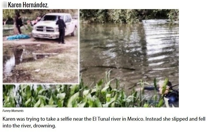 11 Karen Hernandez Kobieta robiła sobie zdjęcia prowadząc samochód w okolicy rzeki. Po utracie kontroli nad pojazdem, samochód wjechał do rzeki, gdzie utonęła.