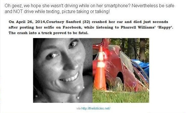 6 Courtney Sanford Podczas jazdy samochodem, kobieta robiła sobie zdjęcia, które opublikowała na Facebooku. Zaraz po wrzuceniu ich na swój profil uderzyła  w ciężarówkę.