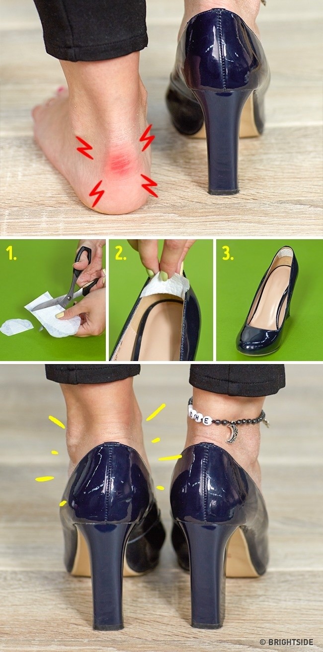 2. Jeśli obtarłaś sobie stopę, odetnij kawałek plastra i przyklej go po wewnętrznej stronie buta. To złagodzi tarcie.