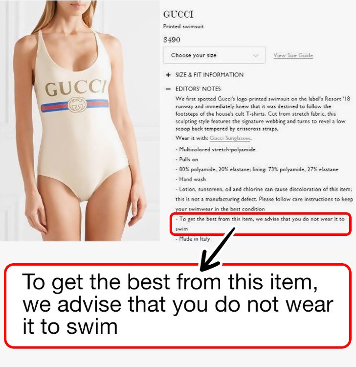 Strój kąpielowy od Gucci za 490$ z adnotacją, że najlepiej nie wchodzić w nim do wody! 