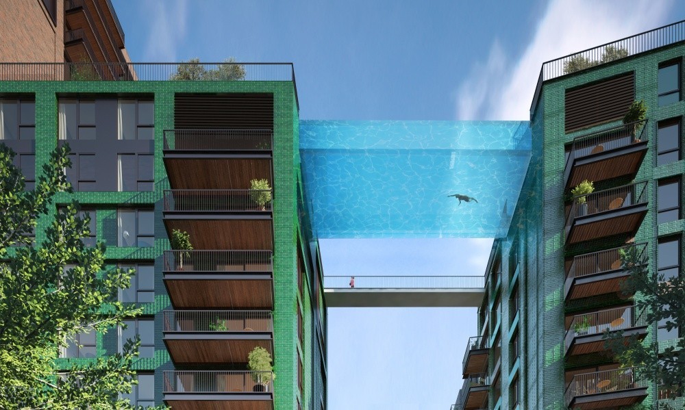 Projekt szklanego basenu zawieszonego pomiędzy dwoma budynkami, Londyn