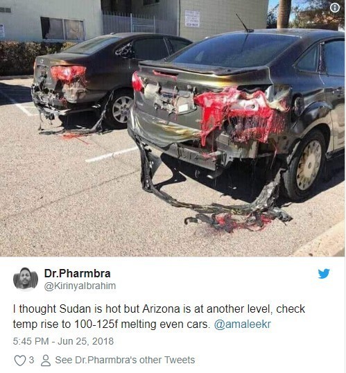 8. W Stanach Zjednoczonych upał był tak ekstremalny, że samochody stojące na parkingu zaczęły się topić