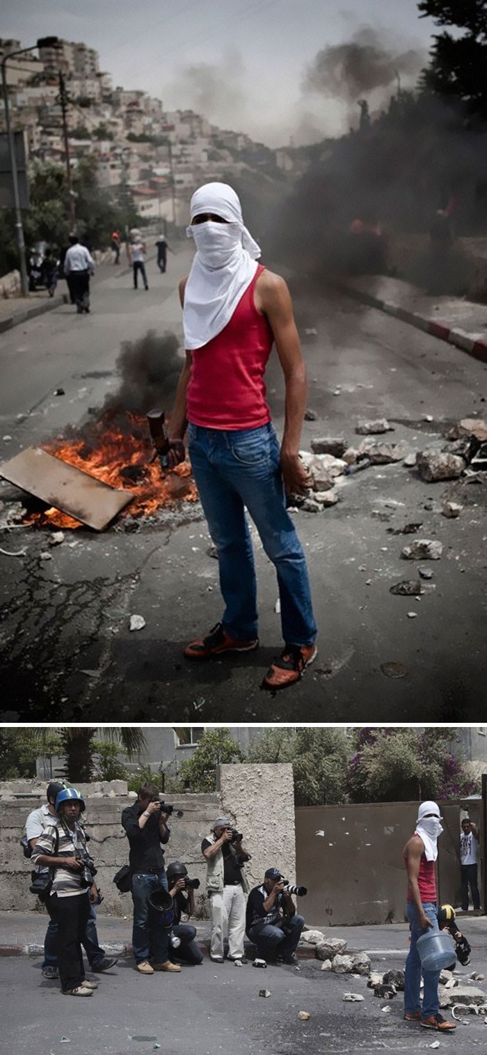 8. Fotograf Ruben Salvadori ukazał konflikt między izraelskimi żołnierzami, a palestyńską młodzieżą. Ta fotografia została ustawiona z pomocą młodego Palestyńczyka.