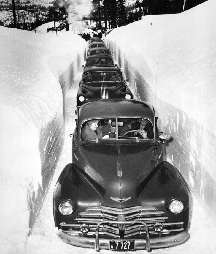 Samochody uwięzione w śniegu, Idaho, 1952