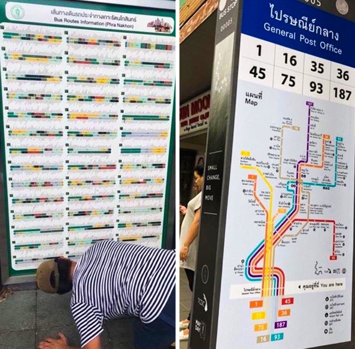 Rozkłady autobusowe w Tajlandii: ten po lewej został zaprojektowany przez władze miasta, a ten z prawej przez ochotników w ramach pracy społecznej