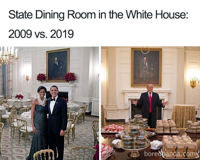 Tak zmieniły się wystawne kolacje w Białym Domu. Gotowe jedzenie na wynos widocznie lepsze :) 