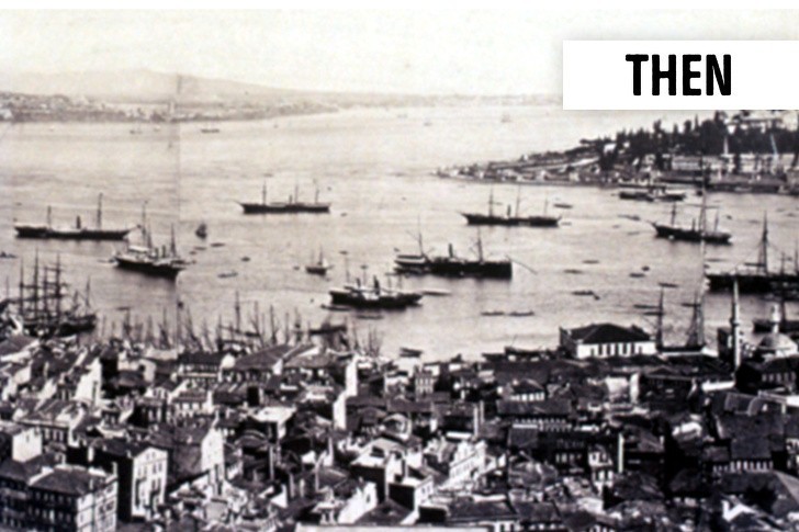 Widok z Galata Tower w Stambule w 1870 roku i teraz:
