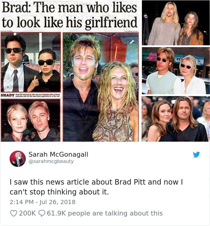 Ktoś odkrył ten dziwny artykuł sprzed lat, mówiący o tym jak Pitt upodabnia się do swoich partnerek