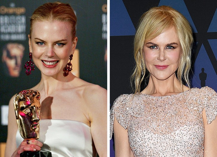 Nicole Kidman napręża szyję aby jej twarz wyglądała lepiej.