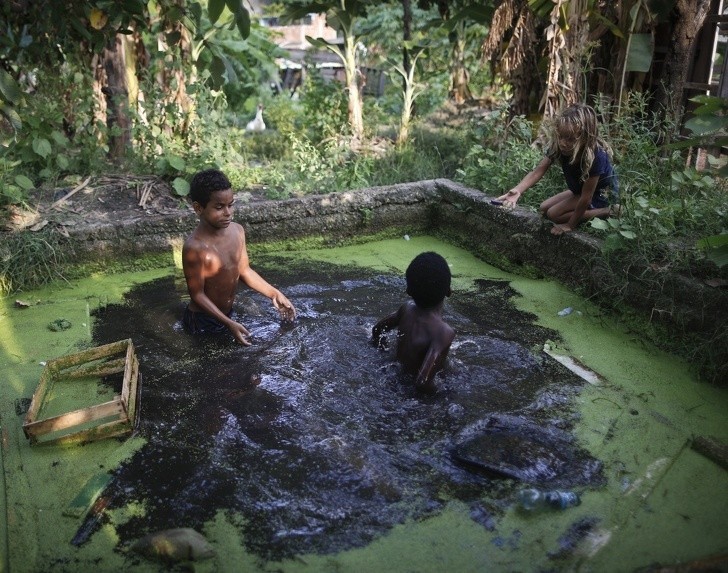 Dzieci polujący na żaby w zanieczyszczonych wodach Rio de Janeiro.
