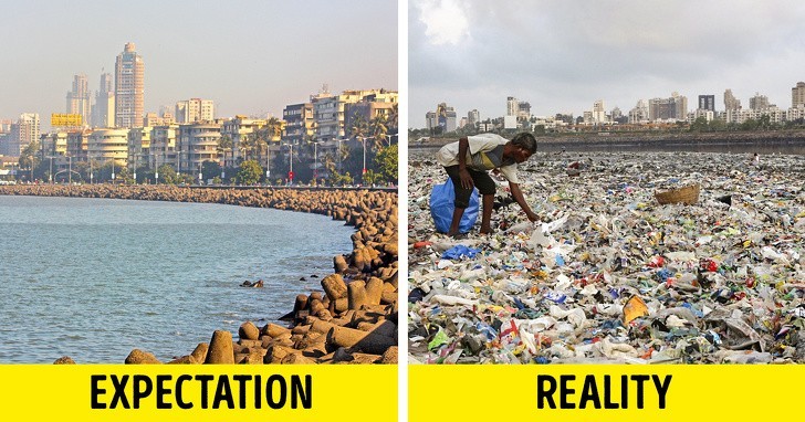 Mężczyzna zbierający plastik i inne materiały do recyklingu z wybrzeży morza arabskiego.