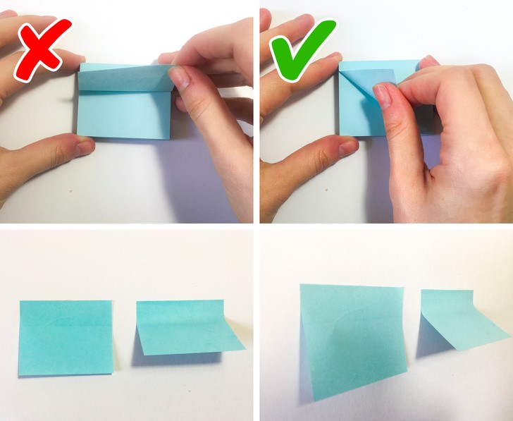 Odklejaj karteczki samoprzylepne po przekątnej aby zapewnić lepszą przyczepność