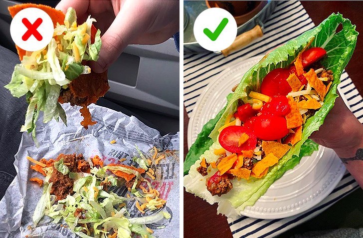 Jeśli twoje taco rozpada się podczas jedzenia, zawiń je w sałatę aby uniknąć bałaganu.