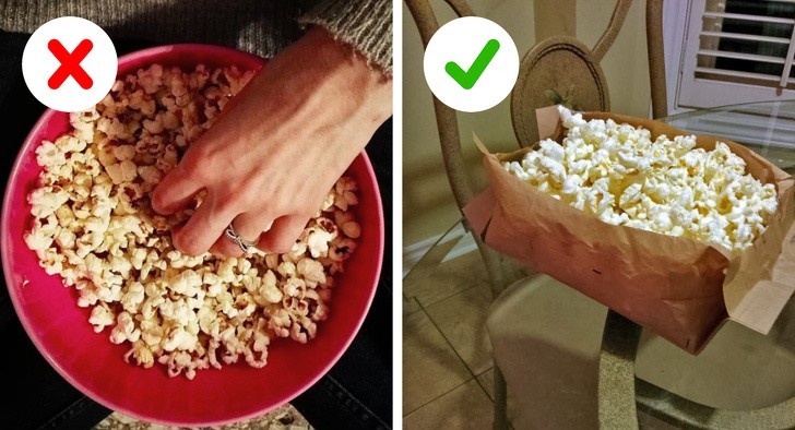 Rozetnij z jednej strony opakowanie z popcornem aby uniknąć brudzenia miski i rąk.