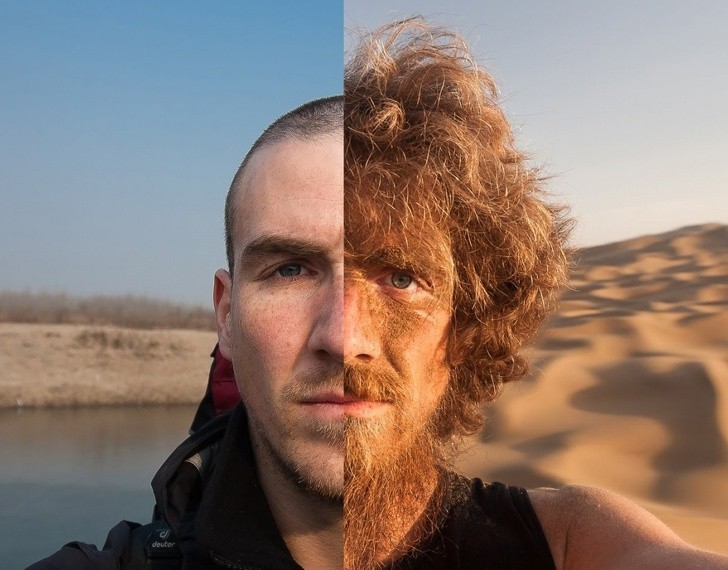 Zdjęcie "przed i po" mężczyzny, który przez rok przemierzał Chiny piechotą