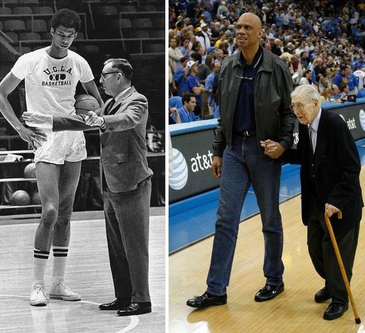 13. Amerykański koszykarz, Kareem Abdul-Jabbar, ze swoim trenerem w 1969 roku i 38 lat później.