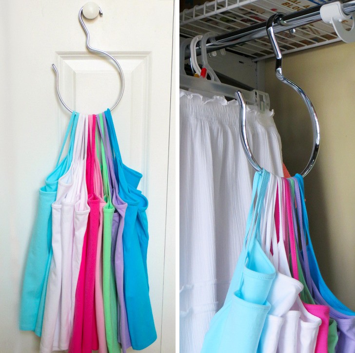 Wygodnym sposobem na przechowywanie koszulek na ramiączkach jest wykorzystanie haczyka na ręczniki.