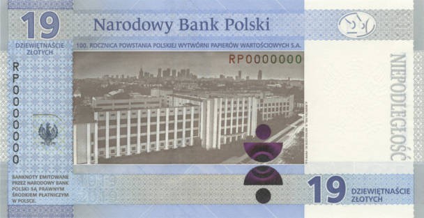 Do roku 1919, czyli postania PWPW, nawiązuje również nominał banknotu, czyli 19 zł.