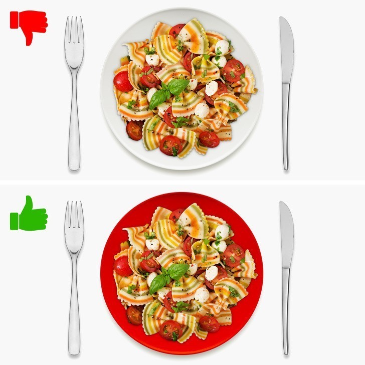 3. Podawaj niezdrowe pożywienie na czerwonych talerzach