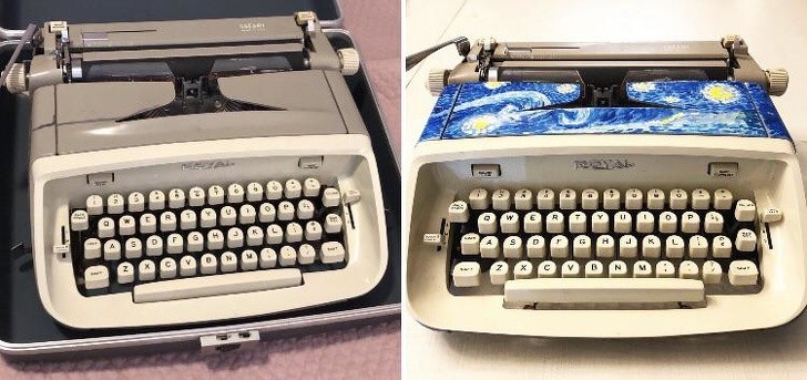 "Przed i po pomalowaniu maszyny do pisania."