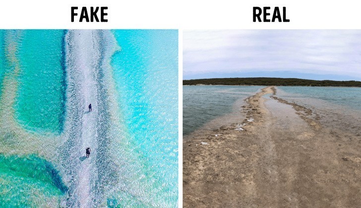 Jezioro Inneston w Australii. Z lewej: zdjęcie na Instagramie. Z prawej: zdjęcie zrobione przez turystę.