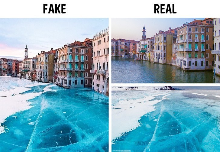 Kanały w Wenecji rzeczywiście mogą zamarznąć, ale to zdjęcie nie jest prawdziwe.