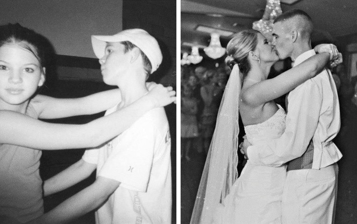 "Ja i moja żona podczas tańcu w 6 klasie i podczas naszego ślubu"