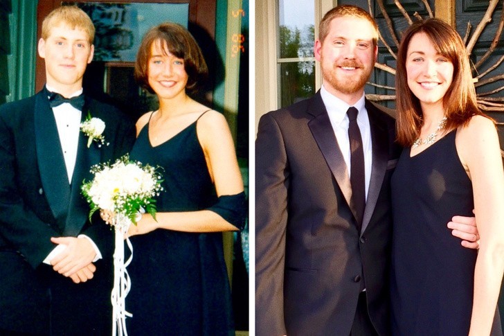 "Moja żona jest chyba wampirem. Z lewej: studniówka. Z prawej: niemal 20 lat później, w tej samej sukni."