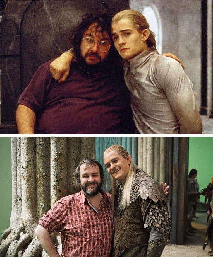 6. Peter Jackson i Orlando Bloom na planie "Władcy pierścieni," i "Hobbita." 10 lat różnicy.