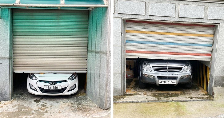 9. Samochody wystające z niedomkniętych garaży to częsty widok w Korei Południowej. Nie ma tam dużo miejsca, więc garaże często okazują się za małe.