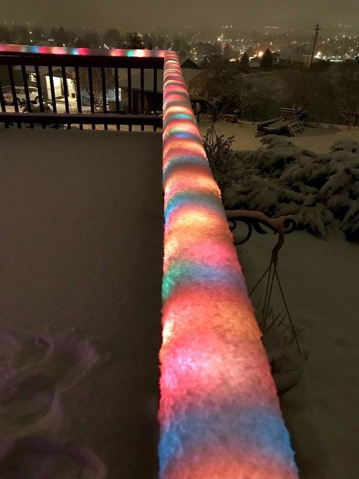 Świeży śnieg pokrywający lampki świąteczne