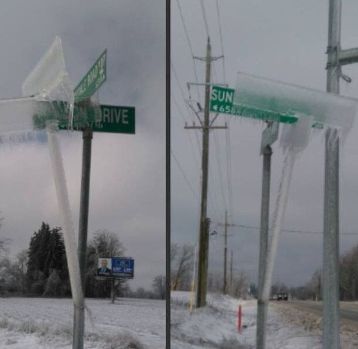 Gdy lód odpada od znaków drogowych: