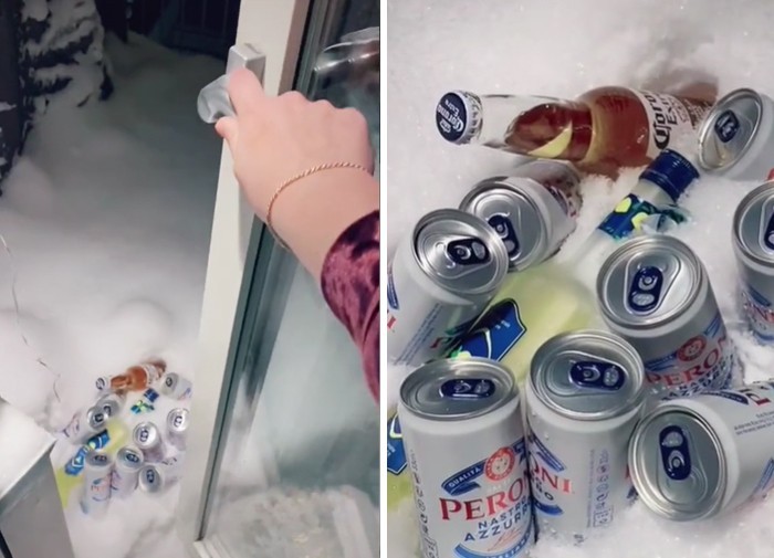 Mieszkańcy Szwecji chłodzą swoje napoje w śniegu, na zewnątrz mieszkania.