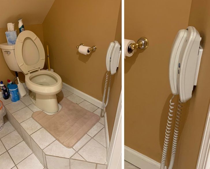 "Toaleta u rodziców jest na podwyższeniu, co w połączeniu z nachylonym sufitem sprawia, że za każdym razem uderzasz się w głowę. Jest tu też telefon."