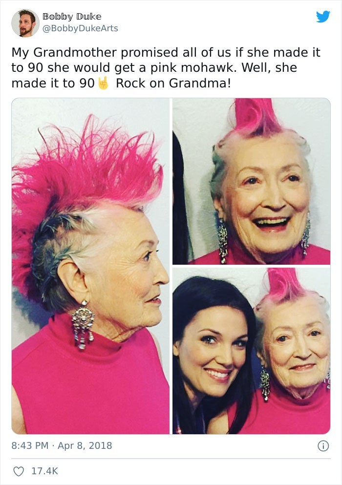"Moja babcia obiecała nam, że jeśli dożyje dziewięćdziesiątki, zrobi sobie różowego irokeza."
