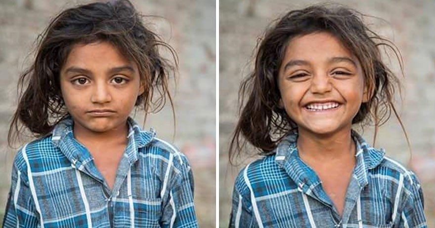1. "Bawiła się przed swoim domem w wiosce Kakhsar w Indiach. Poprosiłem by się uśmiechnęła."