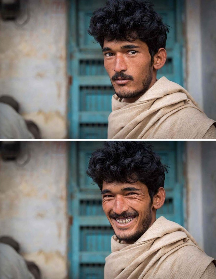 7. "Czekał w kolejce na pocztę o 7 rano w wiosce Jojawar w Indiach, więc poprosiłem o uśmiech."