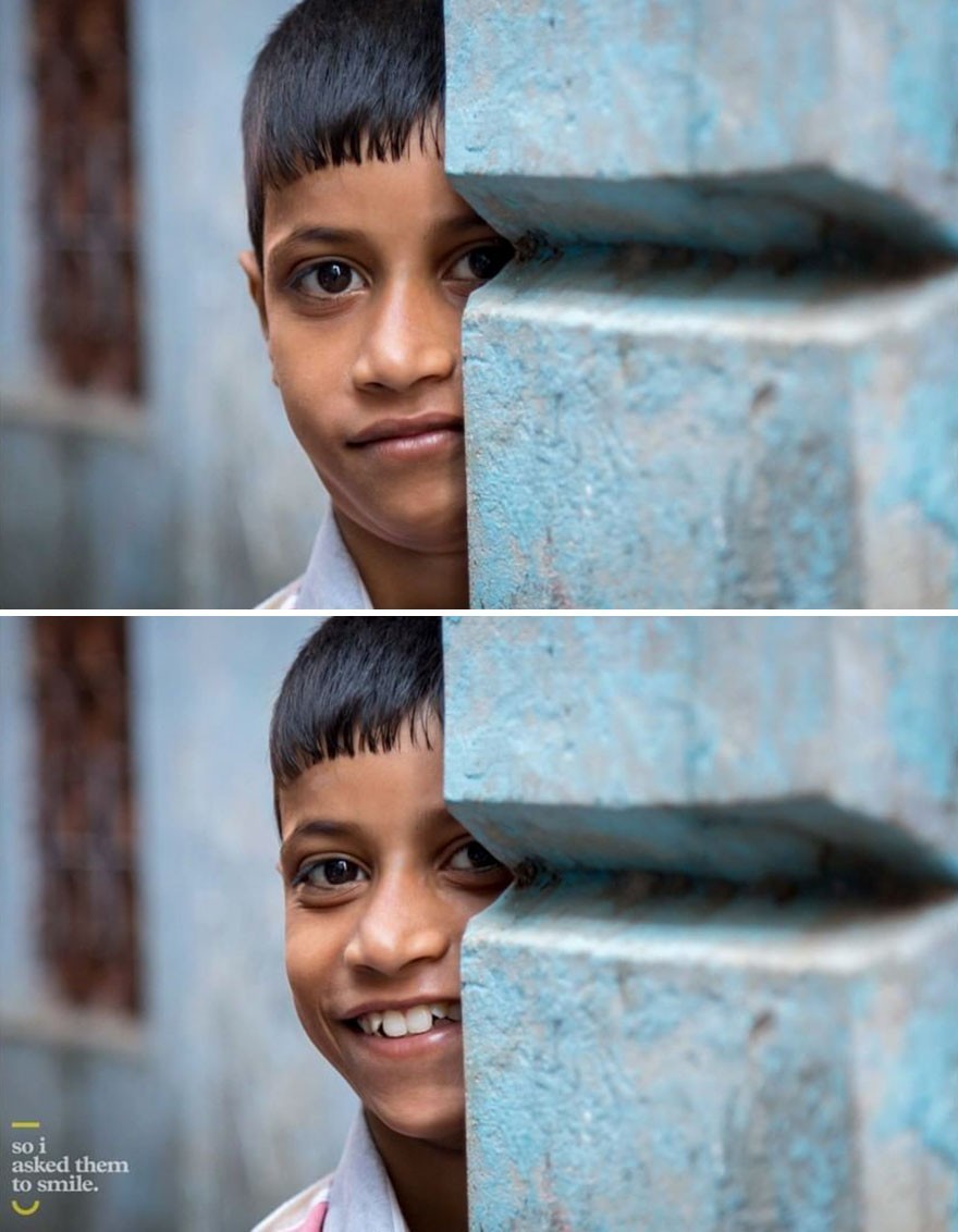 10. "Bawił się z rodziną i znajomymi pewnego wieczora w sieci wąskich uliczek tworzących starszą część miasta Waranasi w Indiach. Poprosiłem by się uśmiechnął."