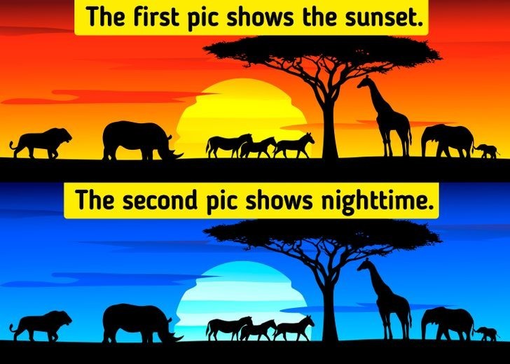 7. Pierwszy obrazek pokazuje zachód słońca, drugi noc.