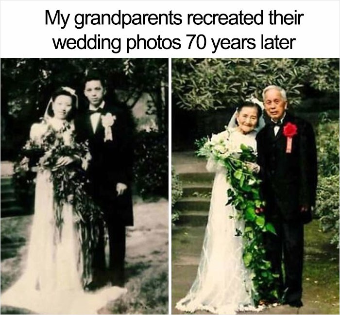 "Moi dziadkowie odtworzyli swoje zdjęcie ślubne 70 lat później."