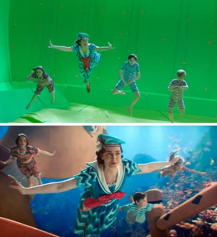 W "Mary Poppins powraca", fantastyczne i pełne magii sceny zostały nagrane przy pomocy prostych efektów specjalnych."