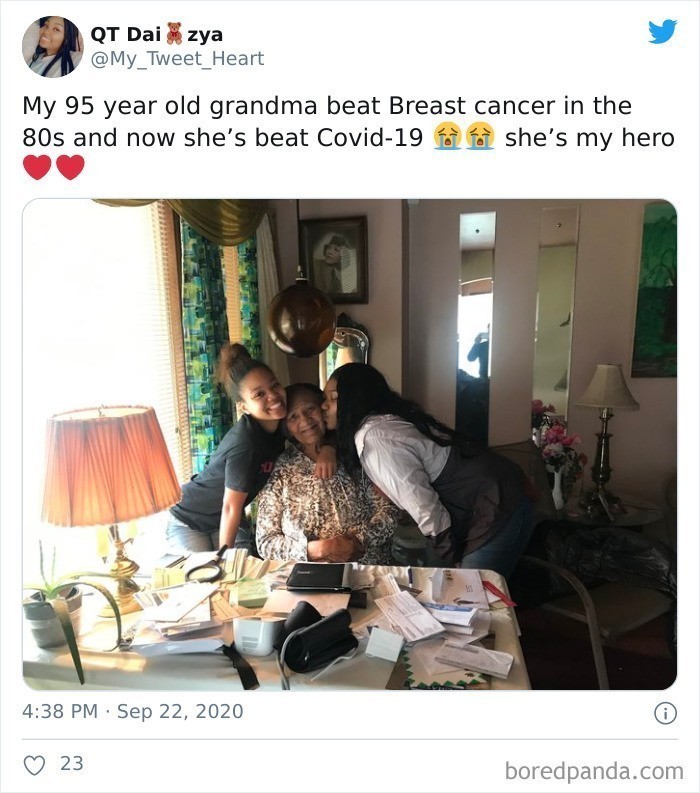 14. "Moja 95-letnia babcia pokonała raka piersi w latach 80, a teraz wyzdrowiała z Covid-19. To moja bohaterka."