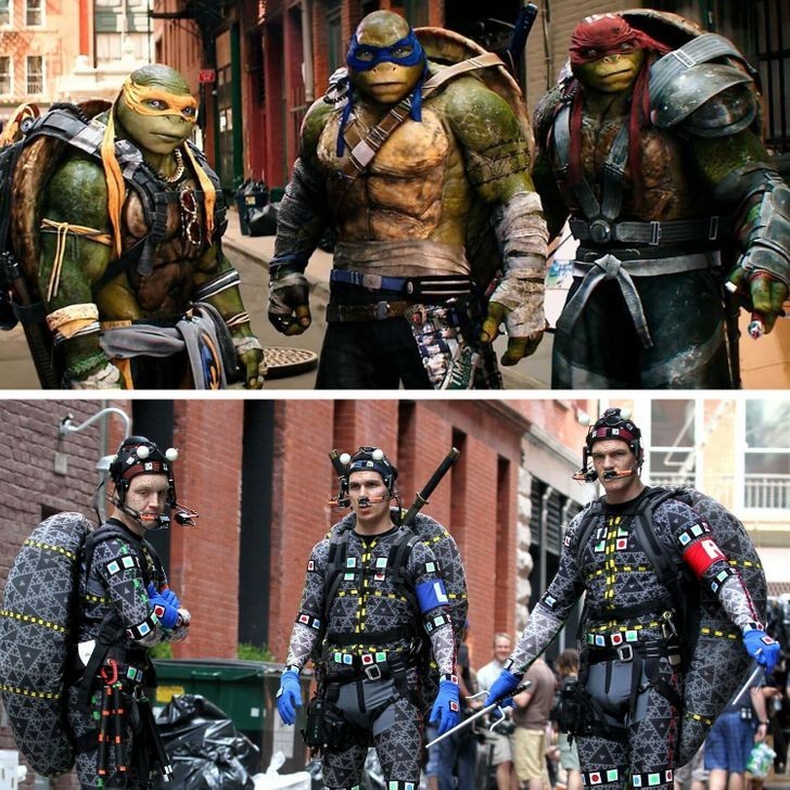 „Teenage Mutant Ninja Turtles: Out of the Shadows“ filmavimo aikštelės aktoriai turėjo dėvėti specialius kostiumus su jutikliais, kad užfiksuotų jų judesius.