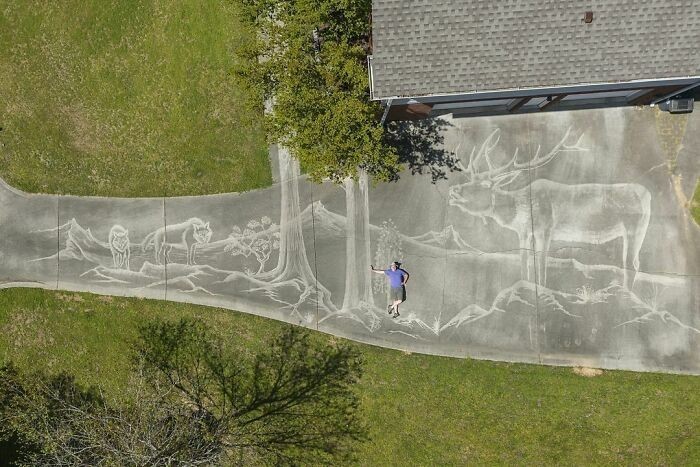 Fotograf użył myjki ciśnieniowej, by stworzyć piękny mural na swoim podjeździe.