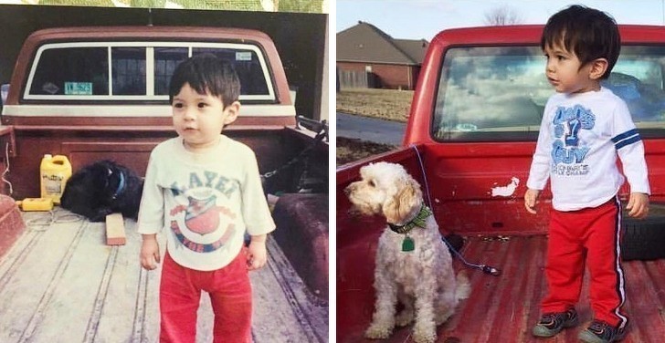 6. „Z lewej, mój mąż w 1992 roku na samochodzie jego rodziców. Z prawej, nasz syn i nasz samochód.”