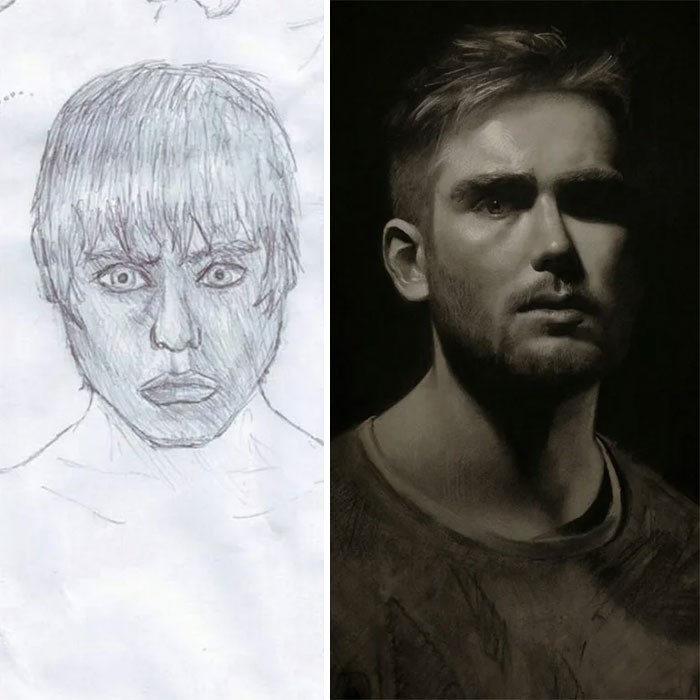 "Dwa autoportrety, które naszkicowałem z pomocą lusterka. 10 lat różnicy."